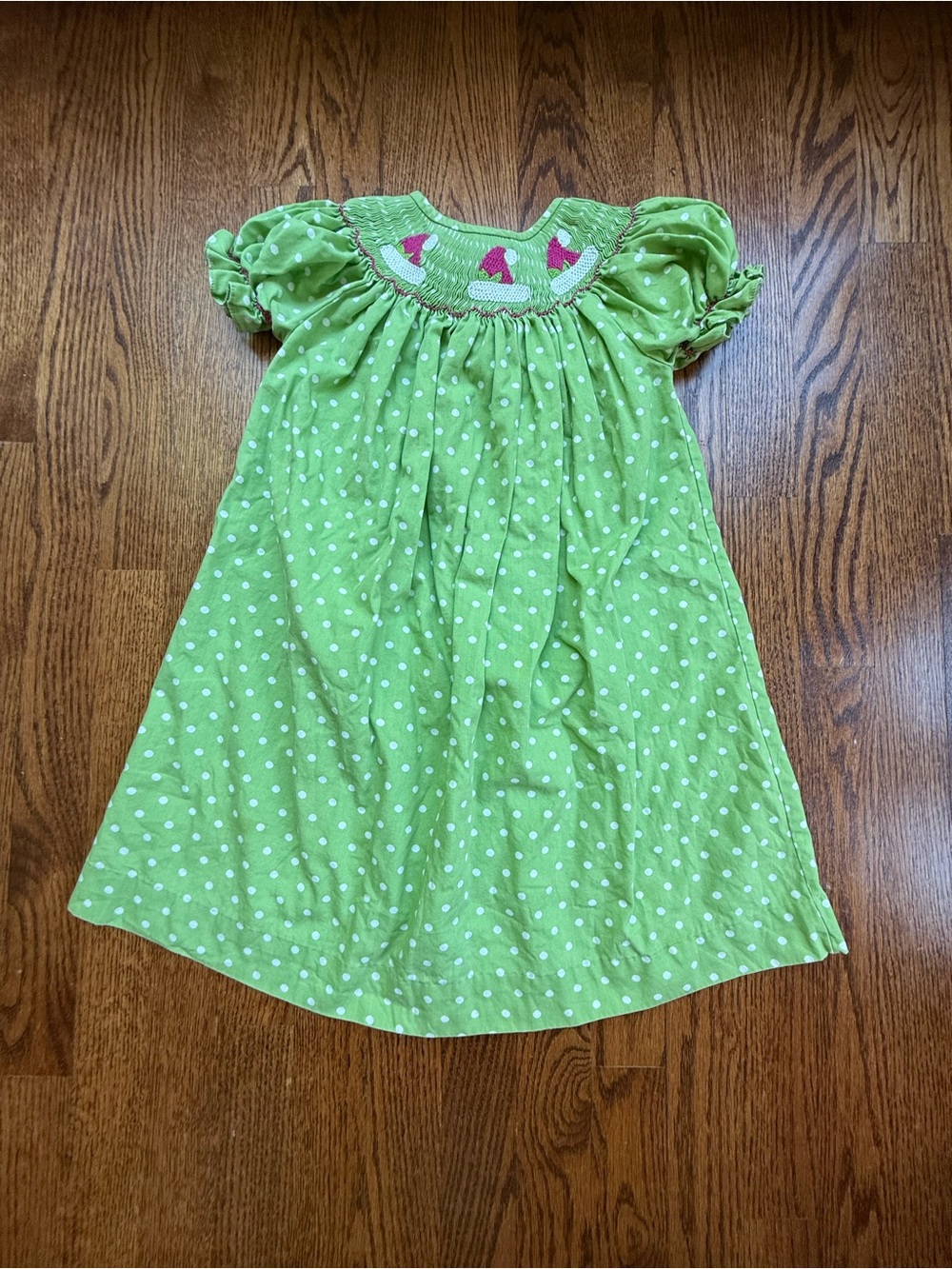Castles & Crowns Lime Green Polka Dot Smocked Dress with Elf Hats 3T
